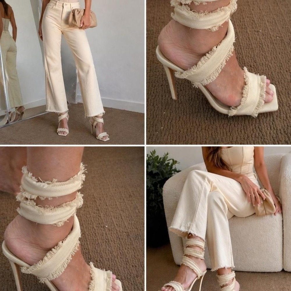 Cream Fringe Wrap Heels Square Toe Stiletto Sandals Size 8